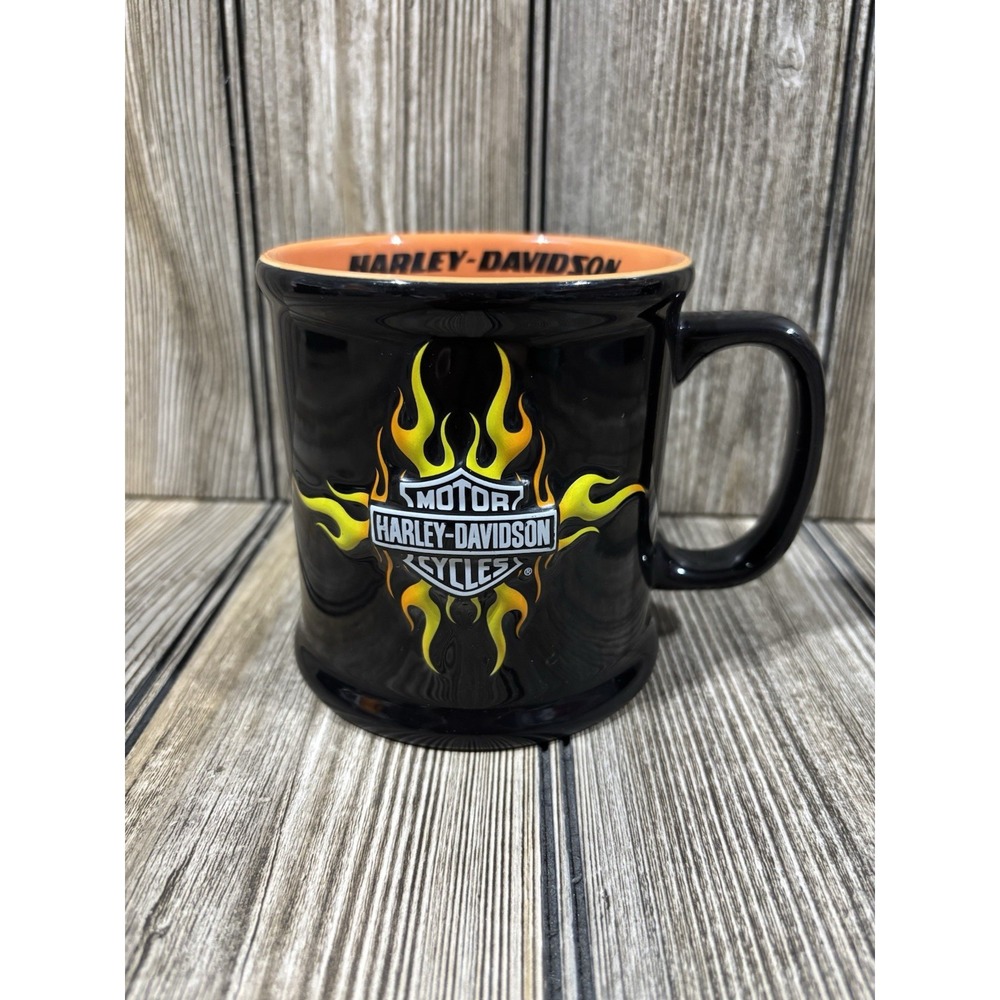 2002 Harley Davidson 3D Raised Logo Coffee Cup/Mug Flames Black & Orange